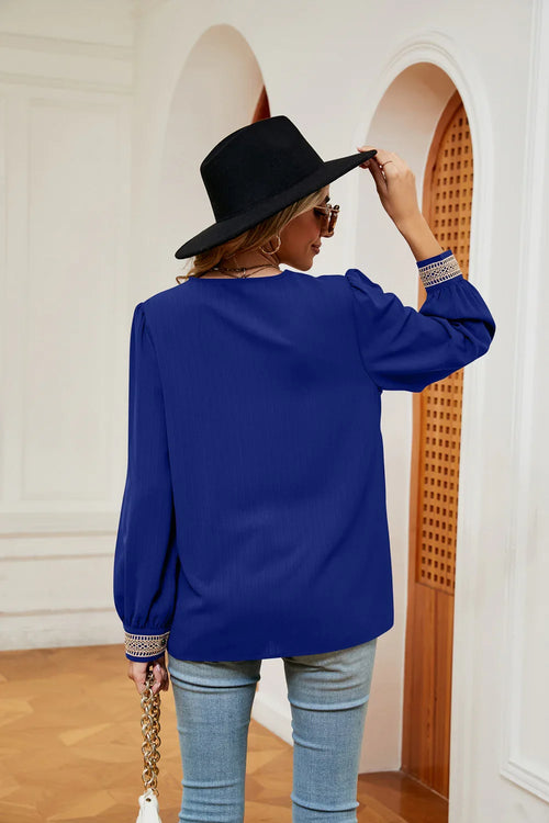 Contrast Puff Sleeve Blouse With Polyester Fabric - Southern Shores Clothing