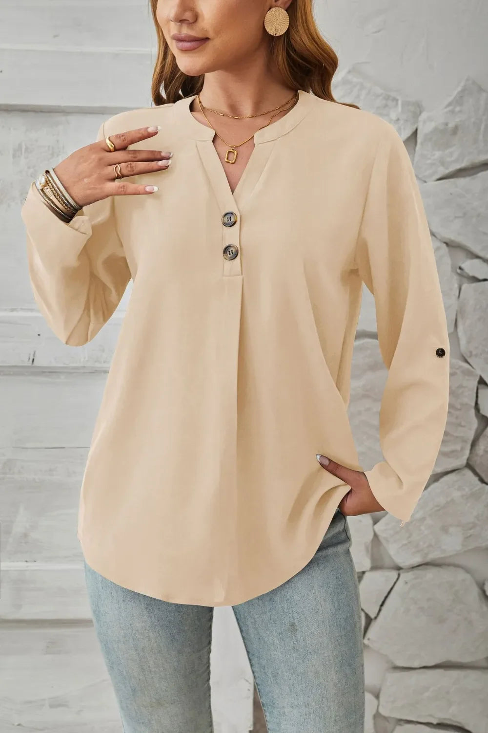 Decorative Button Notched Long Sleeve Blouse - Southern Shores Clothing