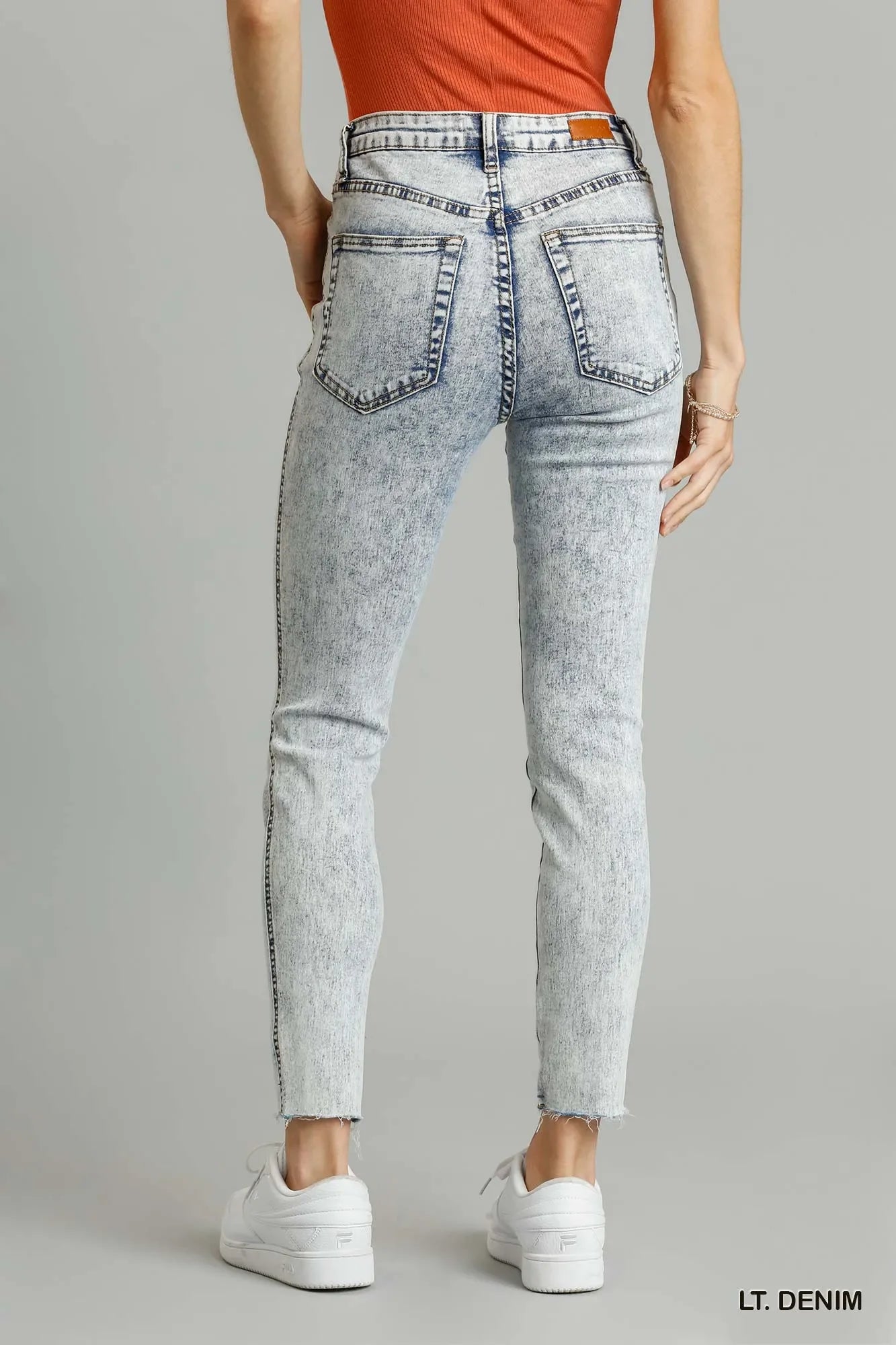 Distressed Stretch Denim Skinny Jeans With Raw Hem - Southern Shores Clothing