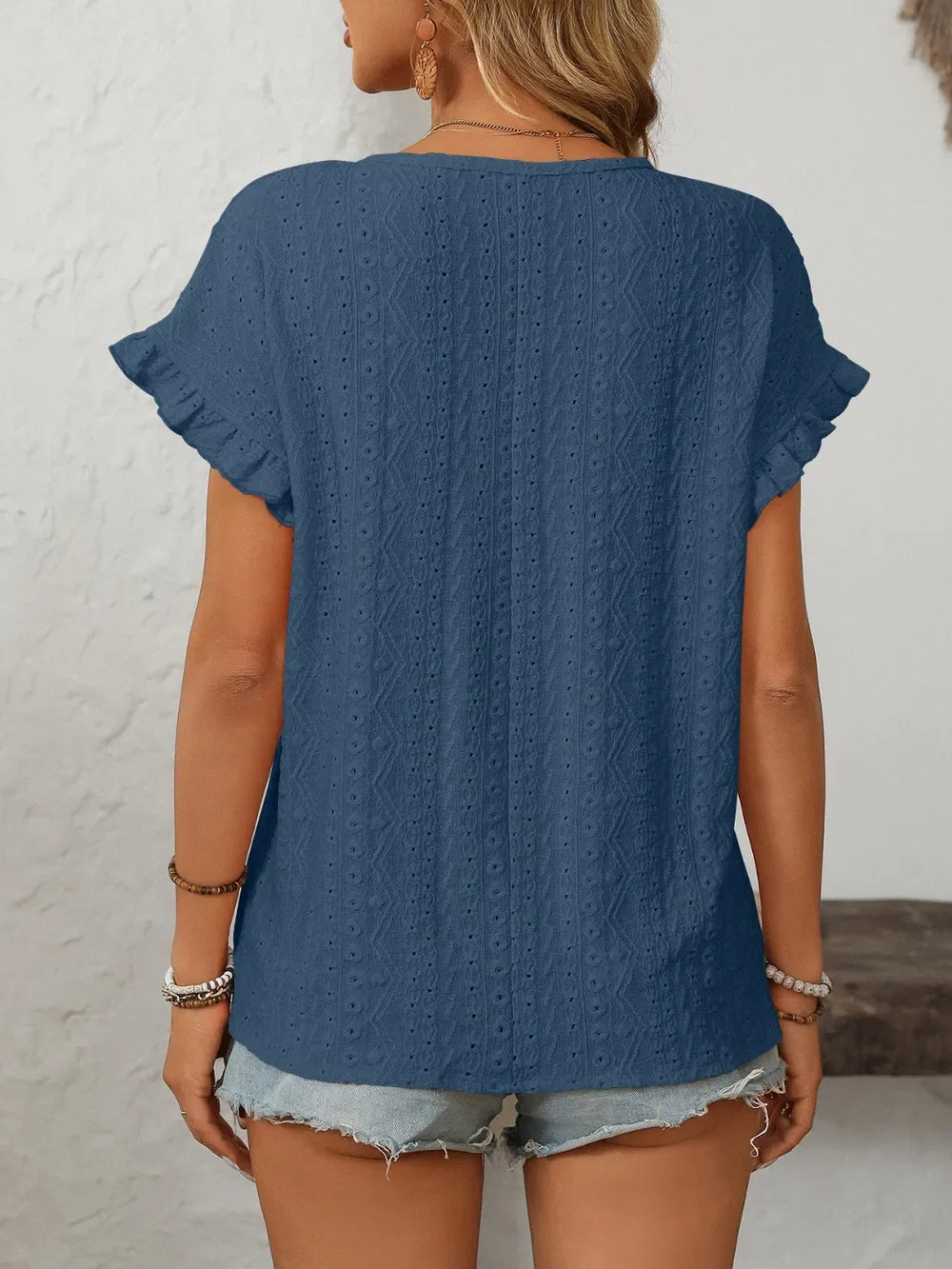Eyelet Frill Round Neck Short Sleeve Top - Southern Shores Clothing