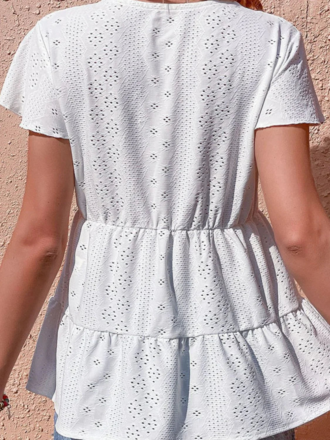 Eyelet Button Front Flutter Sleeve Tiered Blouse Casual - Southern Shores Clothing