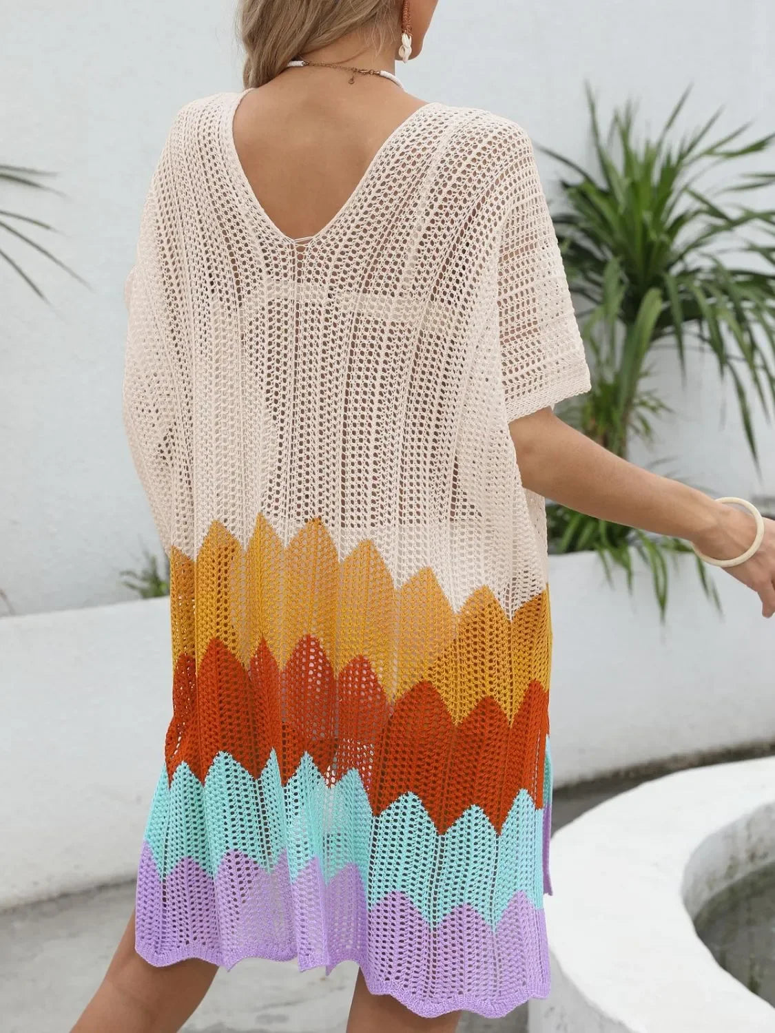 Openwork V-Neck Half Sleeve Cover-Up One Size - Southern Shores Clothing