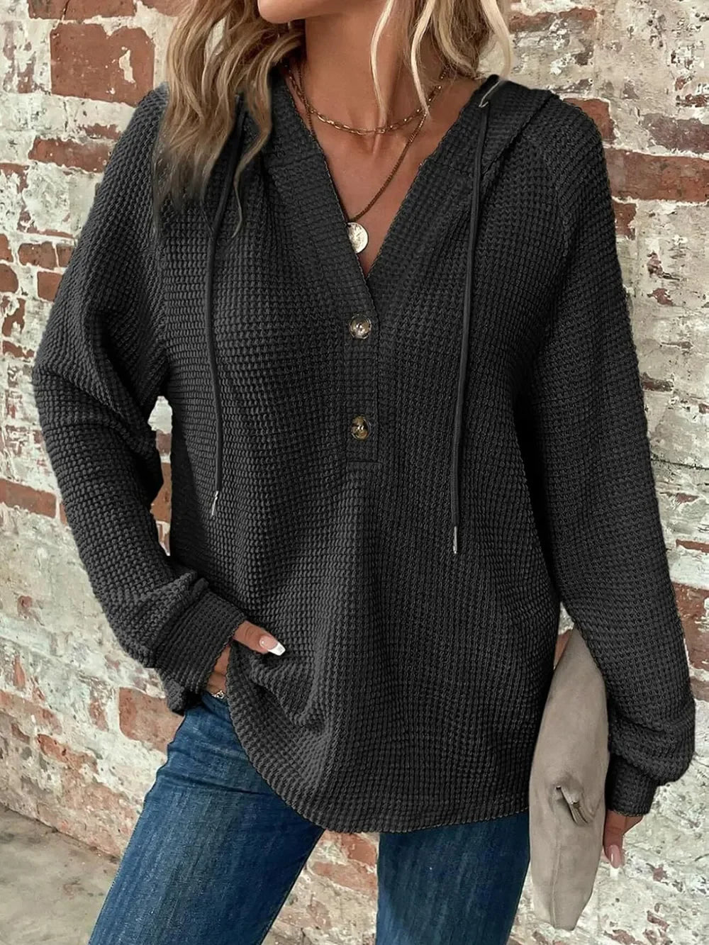 Waffle Knit Long Sleeve Drawstring Hooded Top - Southern Shores Clothing