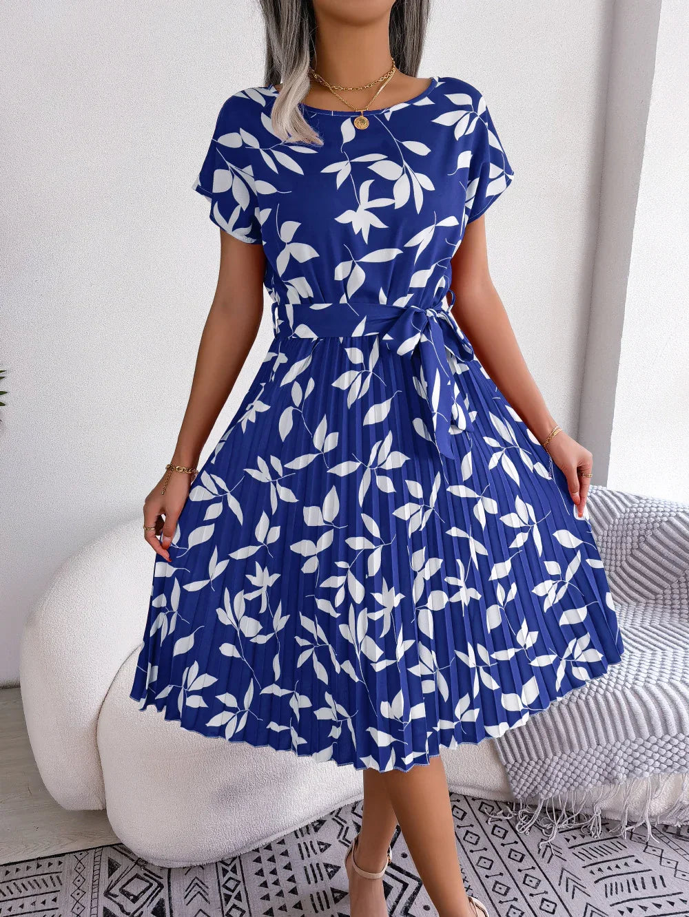 Printed Round Neck Short Sleeve Pleated Dress - Southern Shores Clothing