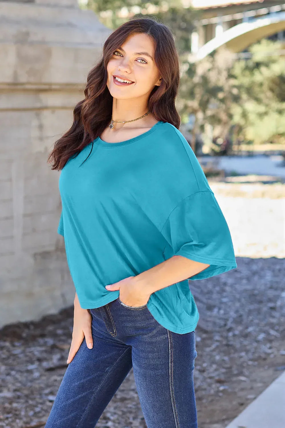 Basic Round Neck Drop Shoulder Tee Top for Layering - Southern Shores Clothing