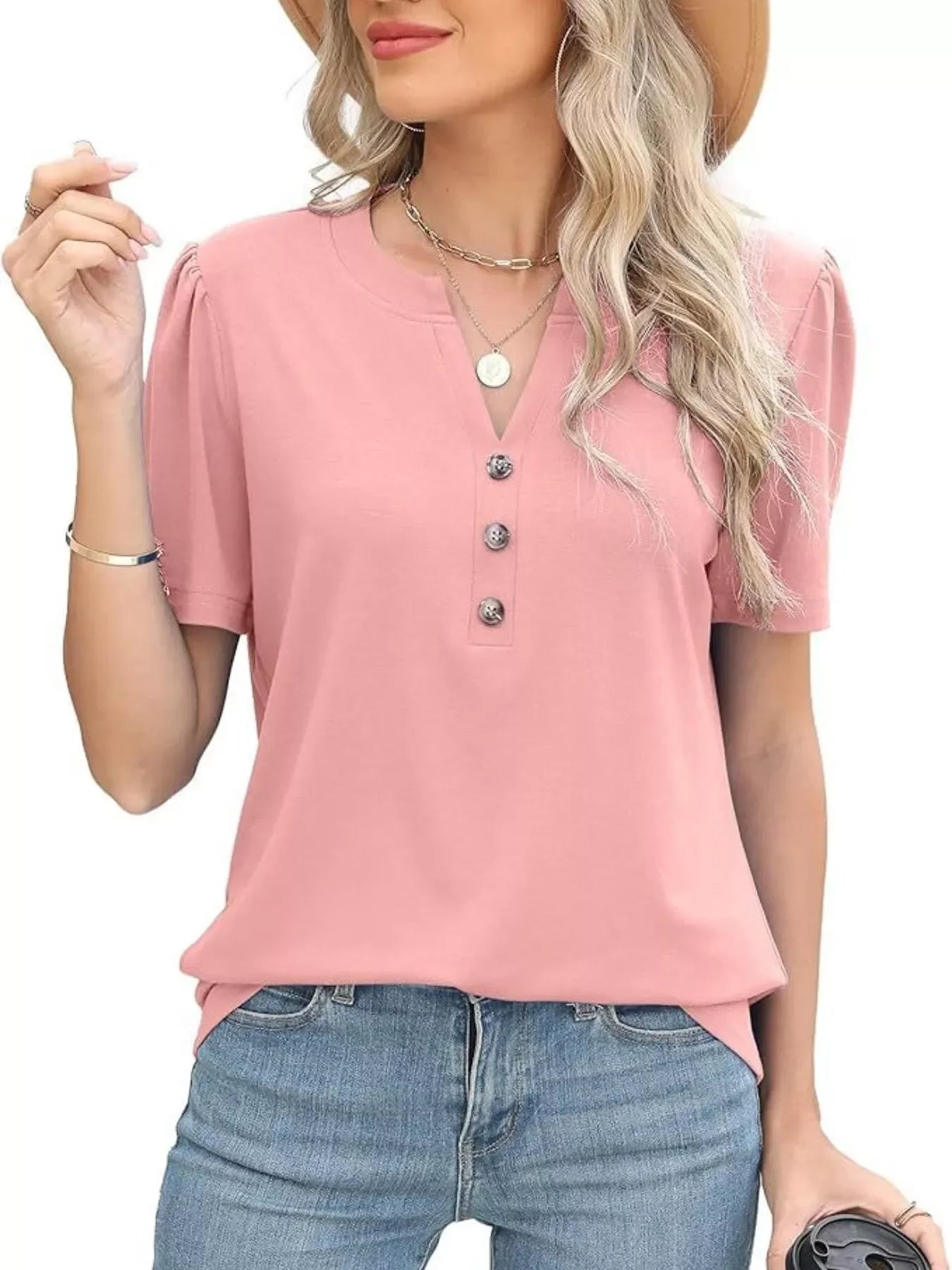 Notched Short Sleeve Blouse Plus Size - Southern Shores Clothing