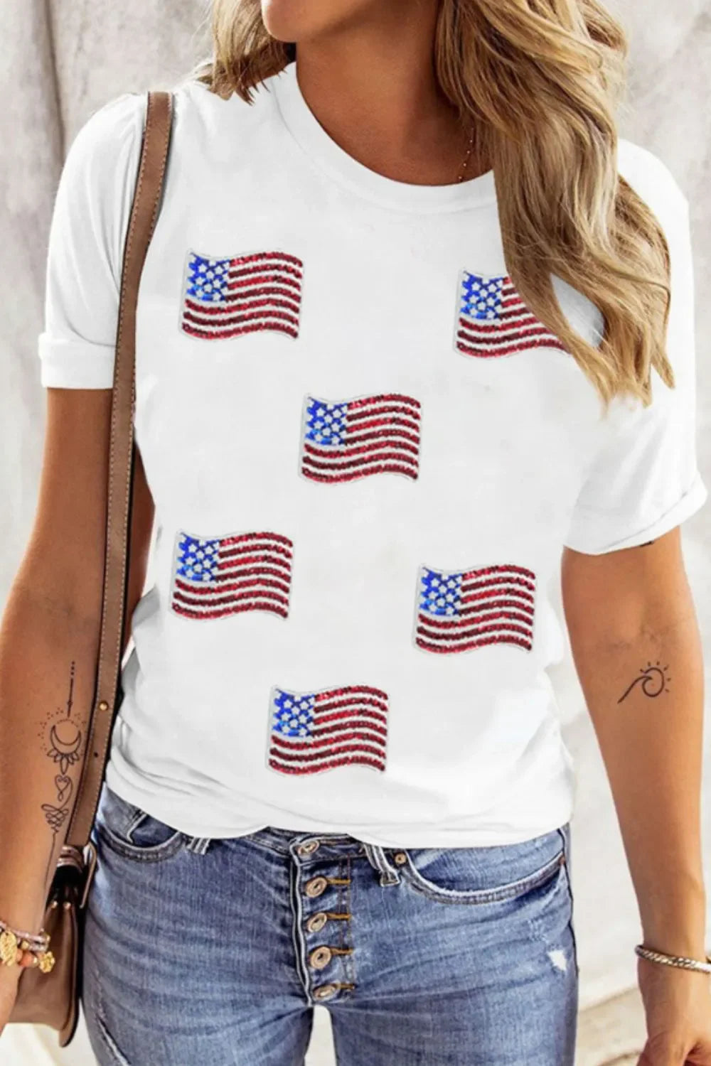 Sequined American Flag Patch Casual T Shirt - Southern Shores Clothing