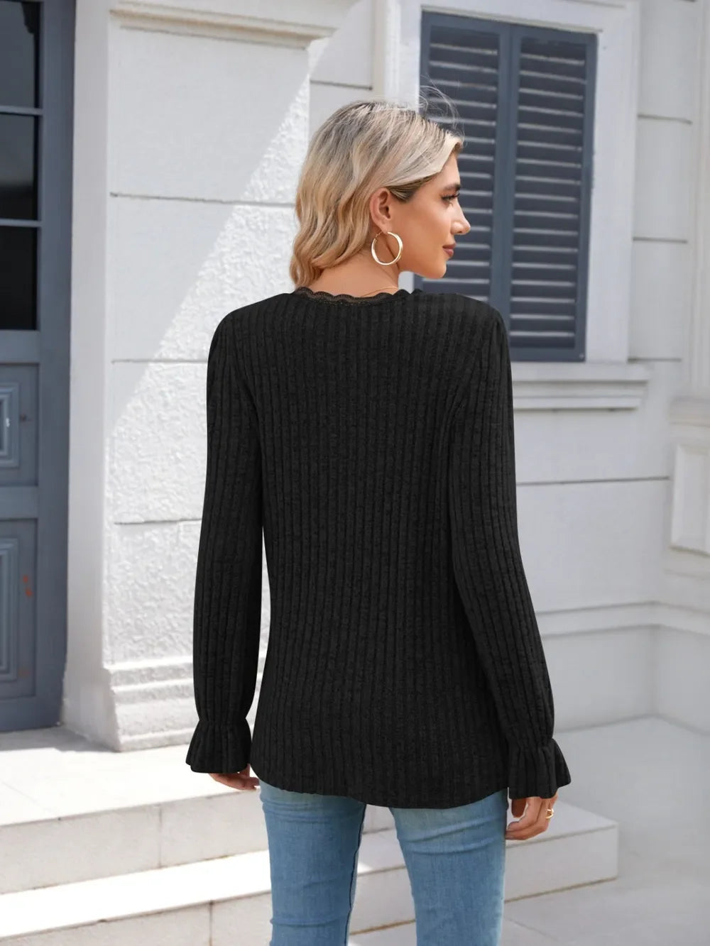 Lace Detail V-Neck Long Sleeve T-Shirt - Southern Shores Clothing