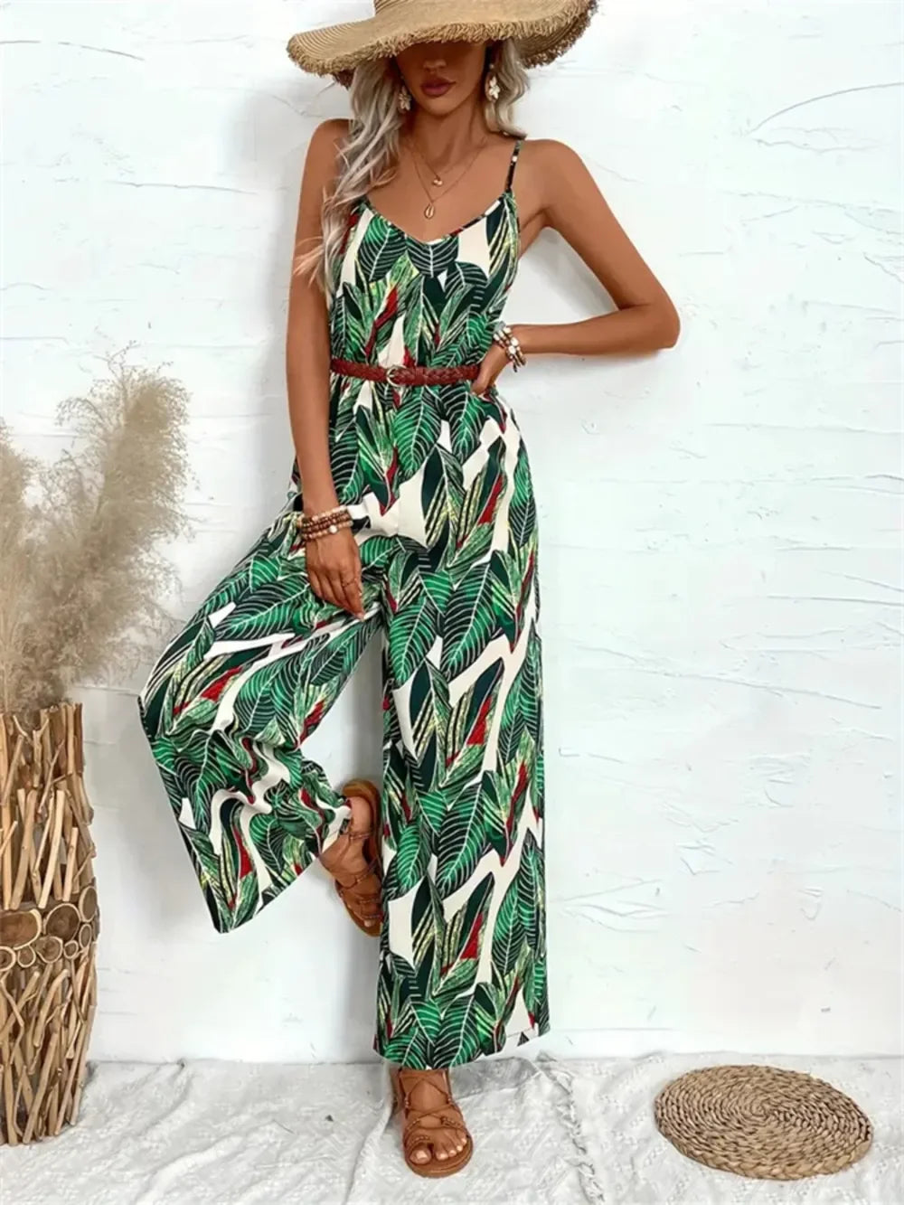 Tropical Print Spaghetti Strap Wide Leg Jumpsuit - Southern Shores Clothing