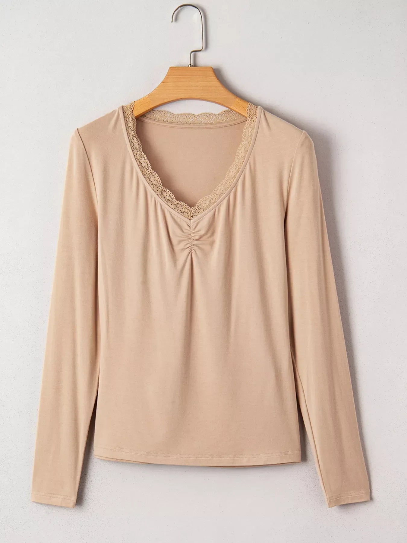Lace-Trimmed Ruched Detail Long Sleeve T-Shirt - Southern Shores Clothing