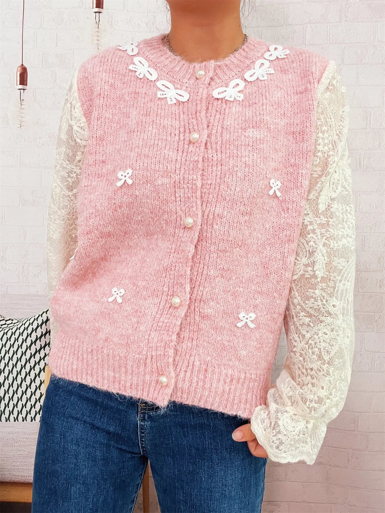 Lace Sleeve Button-Up Cardigan With Ruffled Detail - Southern Shores Clothing