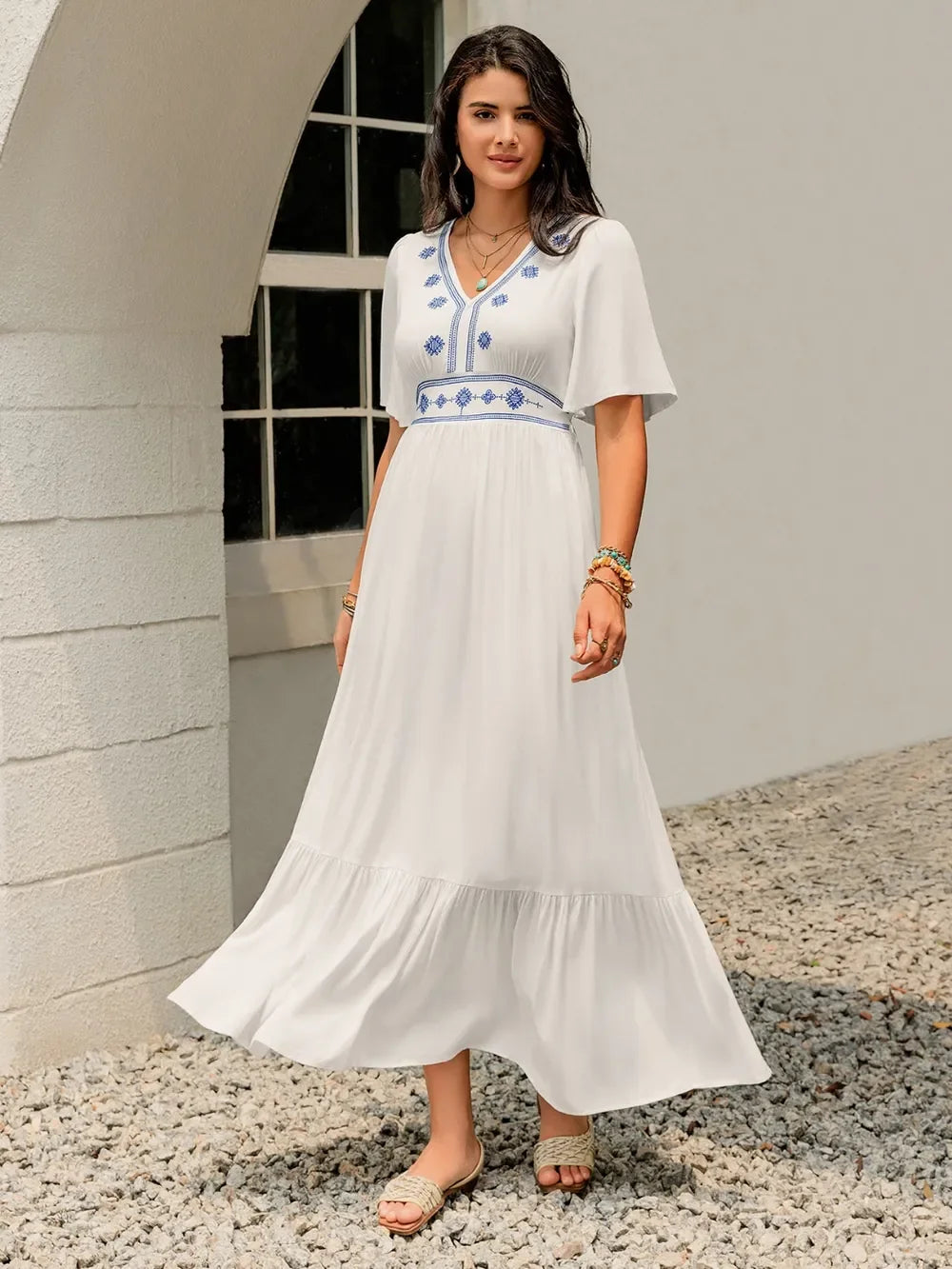 Ruffled Hem V Neck Flutter Sleeve Dress With Embroidered Trim - Southern Shores Clothing
