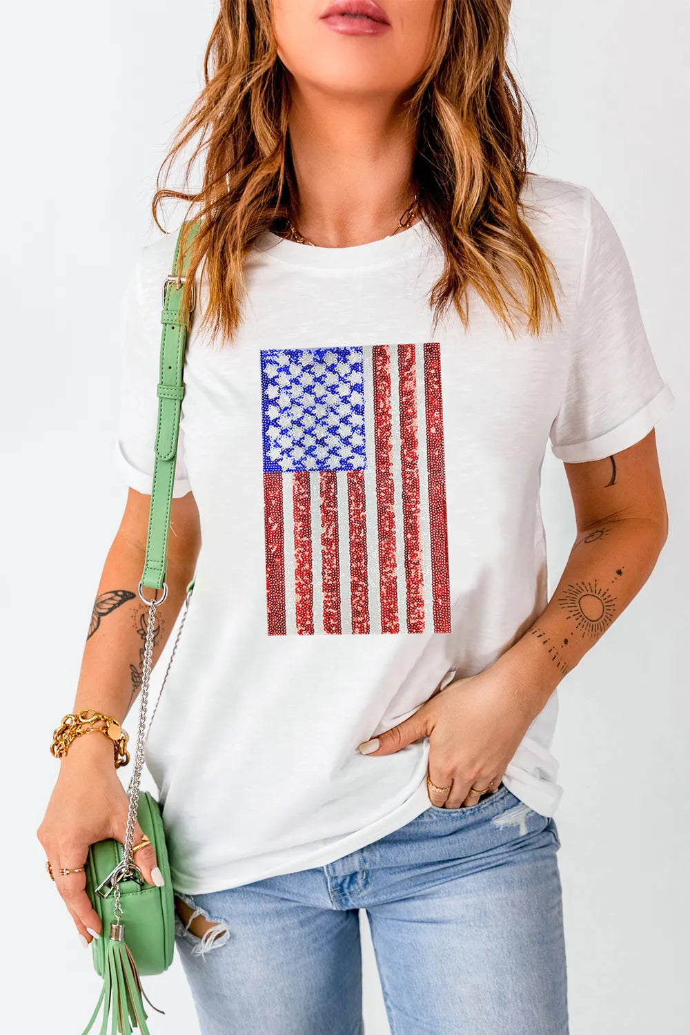 Women's US Flag Print Round Neck Short Sleeve T-Shirt by SYNZ