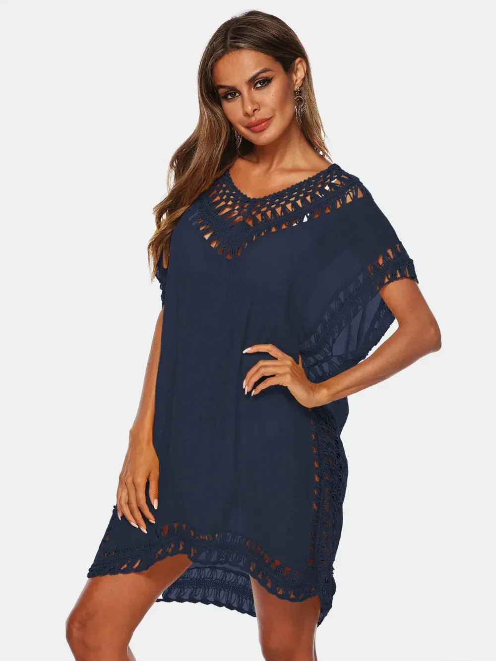 Cutout V-Neck Short Sleeve Cover-Up One Size - Southern Shores Clothing