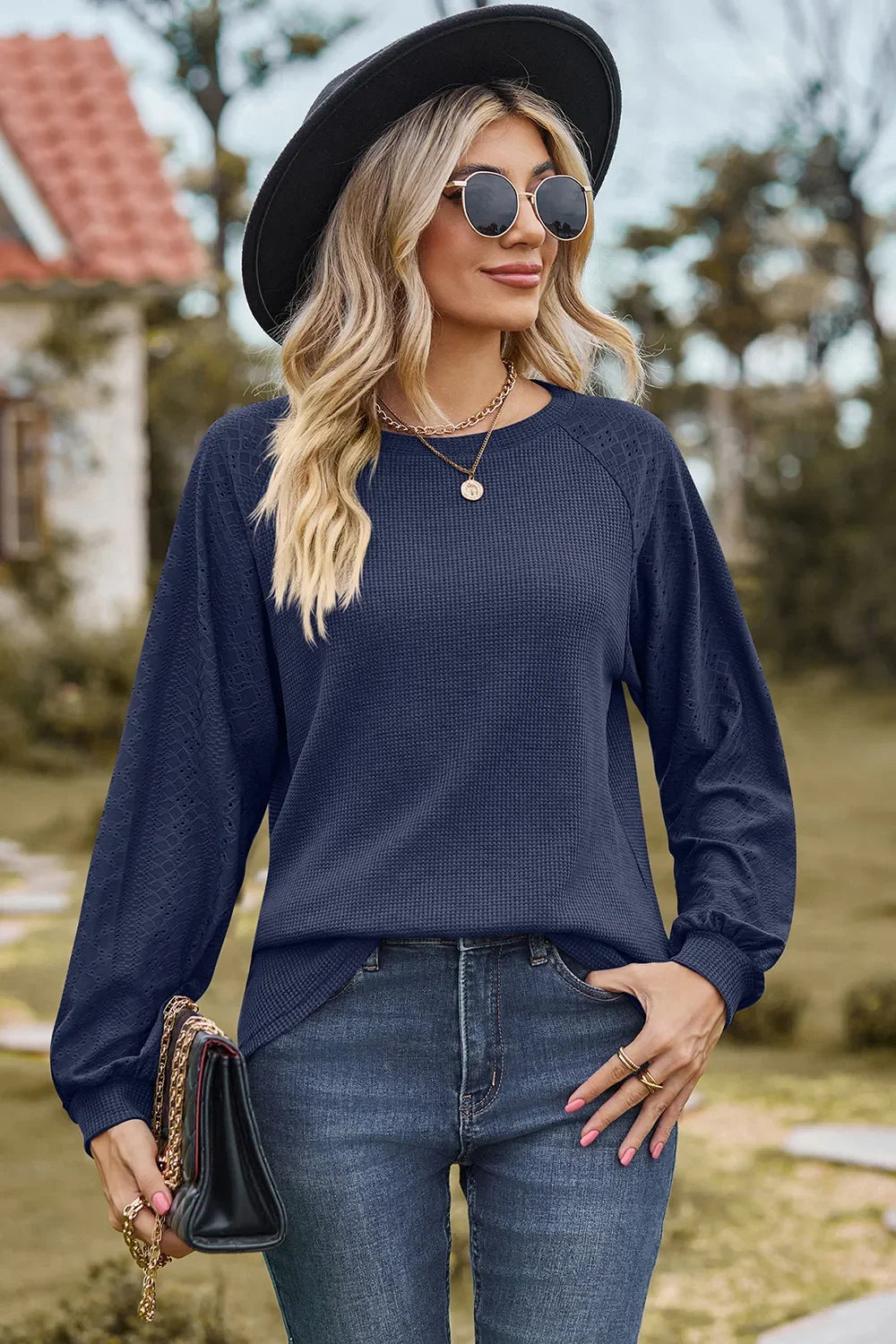 Eyelet Round Neck Long Sleeve T-Shirt - Southern Shores Clothing