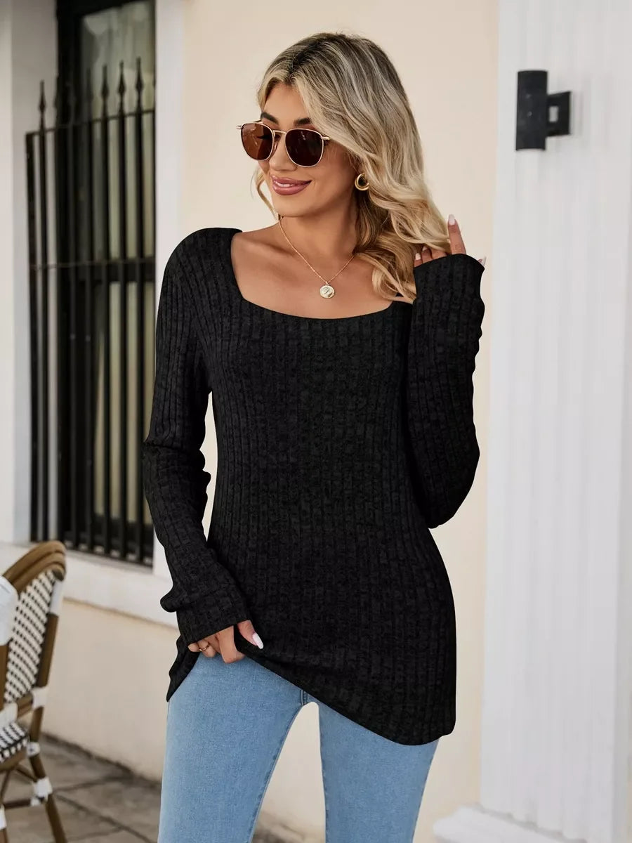 Ribbed Square Neck Long Sleeve Stretch T Shirt - Southern Shores Clothing