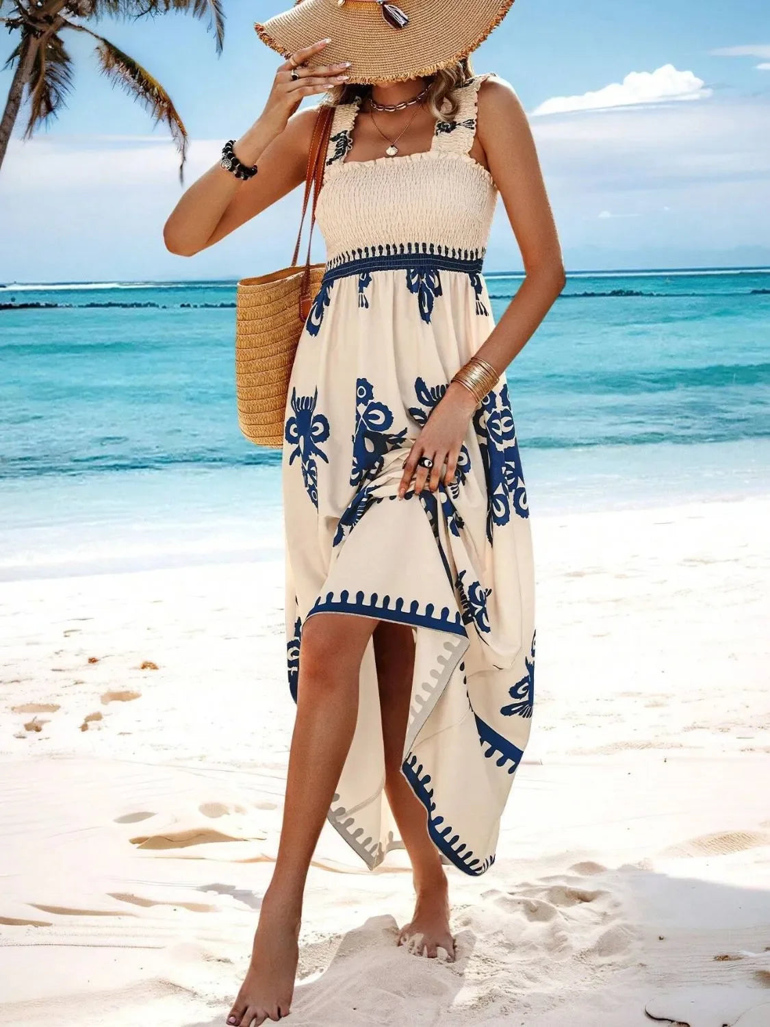 Smocked Printed Maxi Dress With Wide Straps Boho Style Details - Southern Shores Clothing