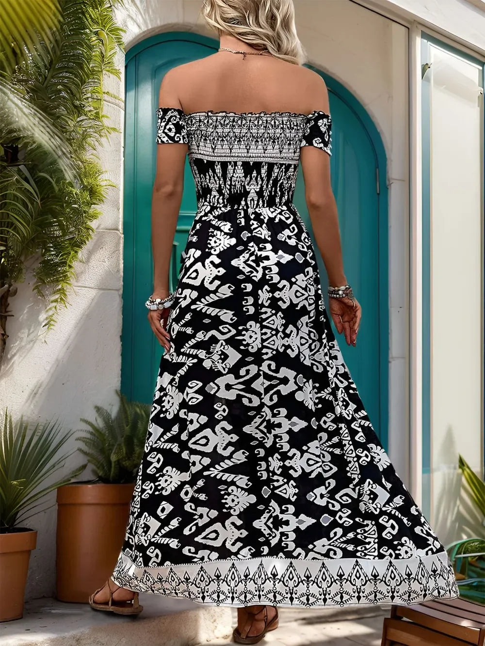 Printed Off-Shoulder Maxi Dress With Slit And Boho Pattern - Southern Shores Clothing