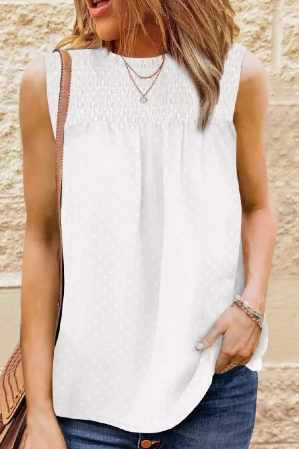 Smocked Tie Back Frill Trim Tank Top With Swiss Dot - Southern Shores Clothing