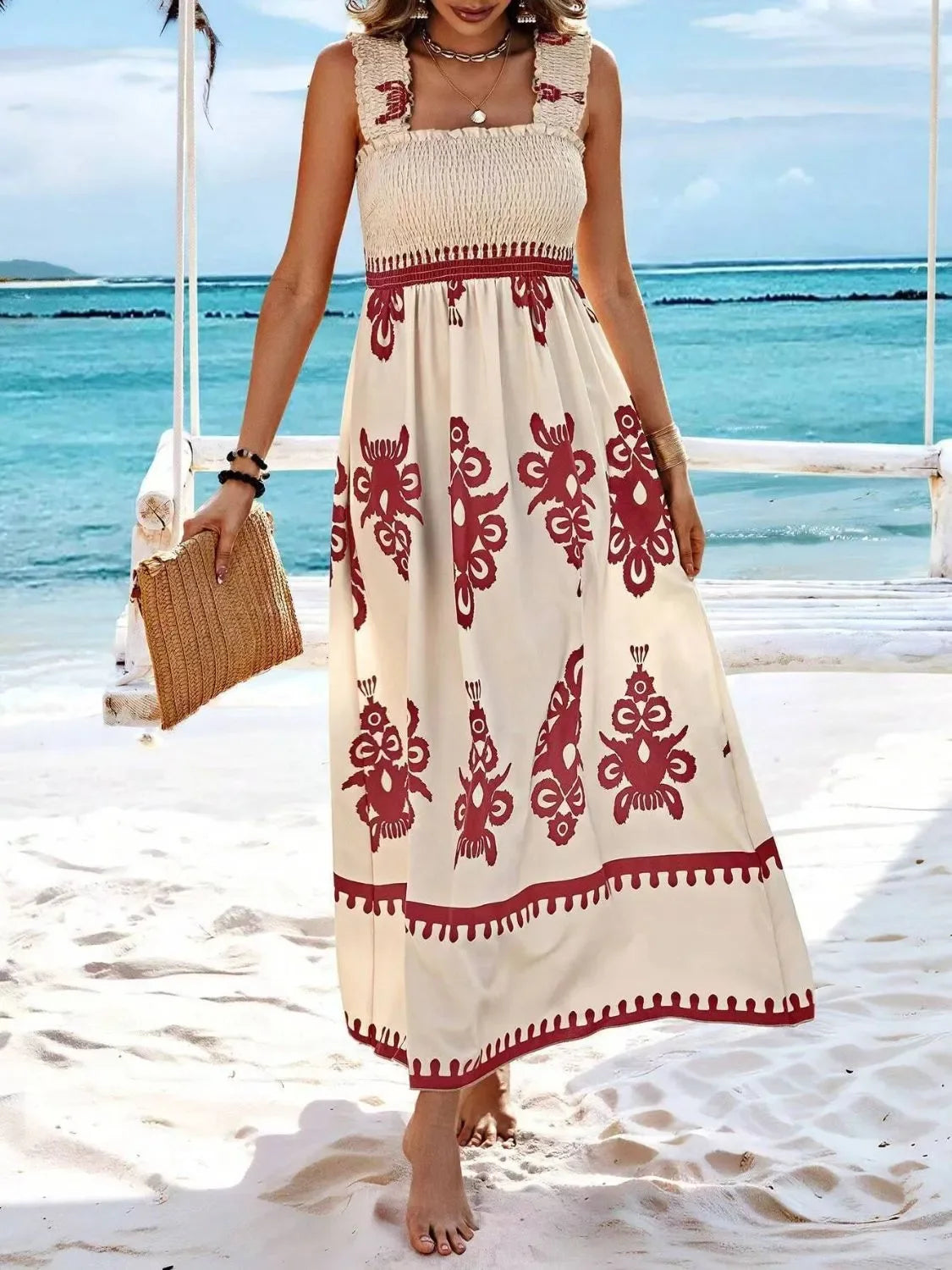 Smocked Printed Maxi Dress With Wide Straps Boho Style Details - Southern Shores Clothing