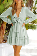 Tied Plunge Smocked Waist Flounce Sleeve Dress - Southern Shores Clothing