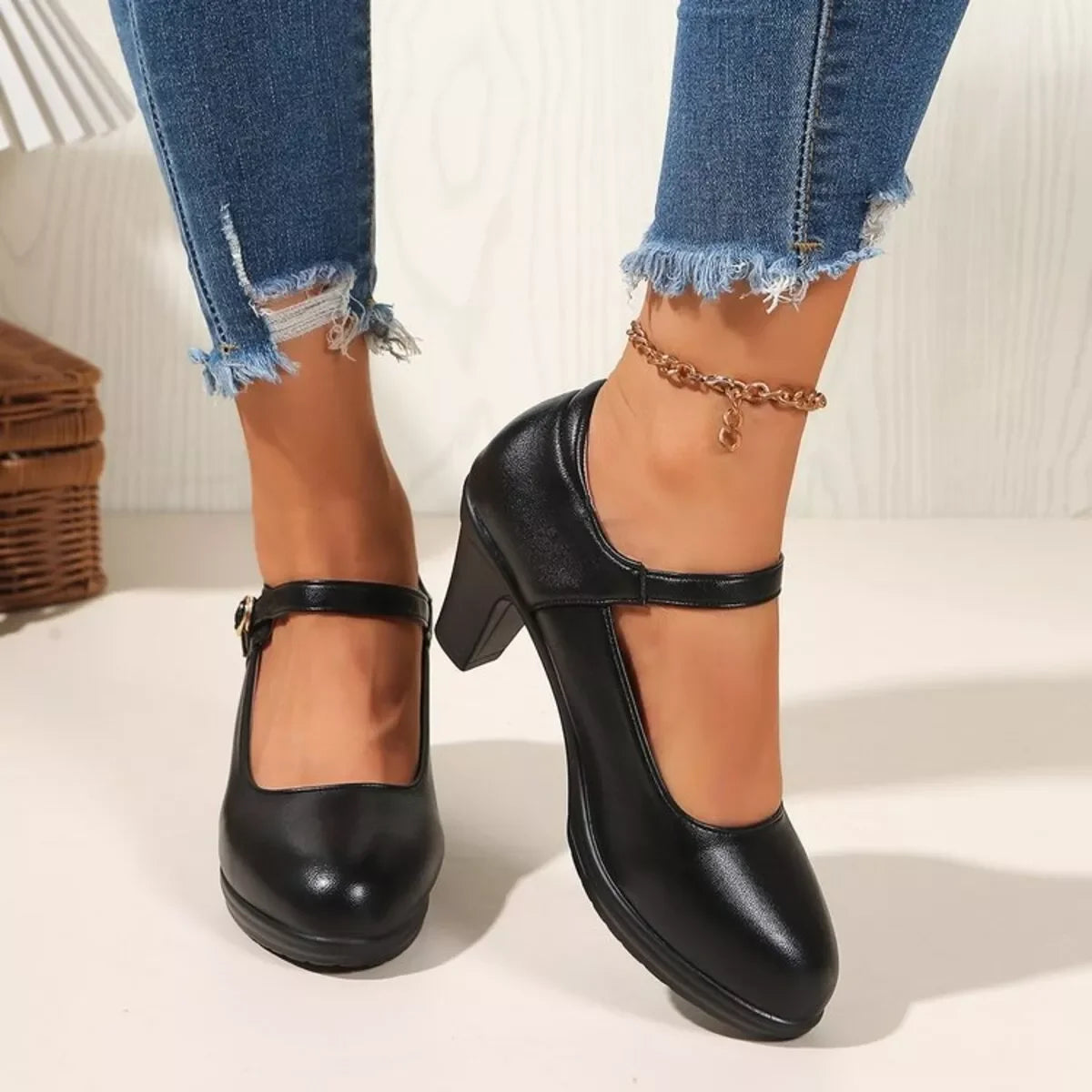 Elegant Mid Heel Buckle Block Heel Pumps - Southern Shores Clothing
