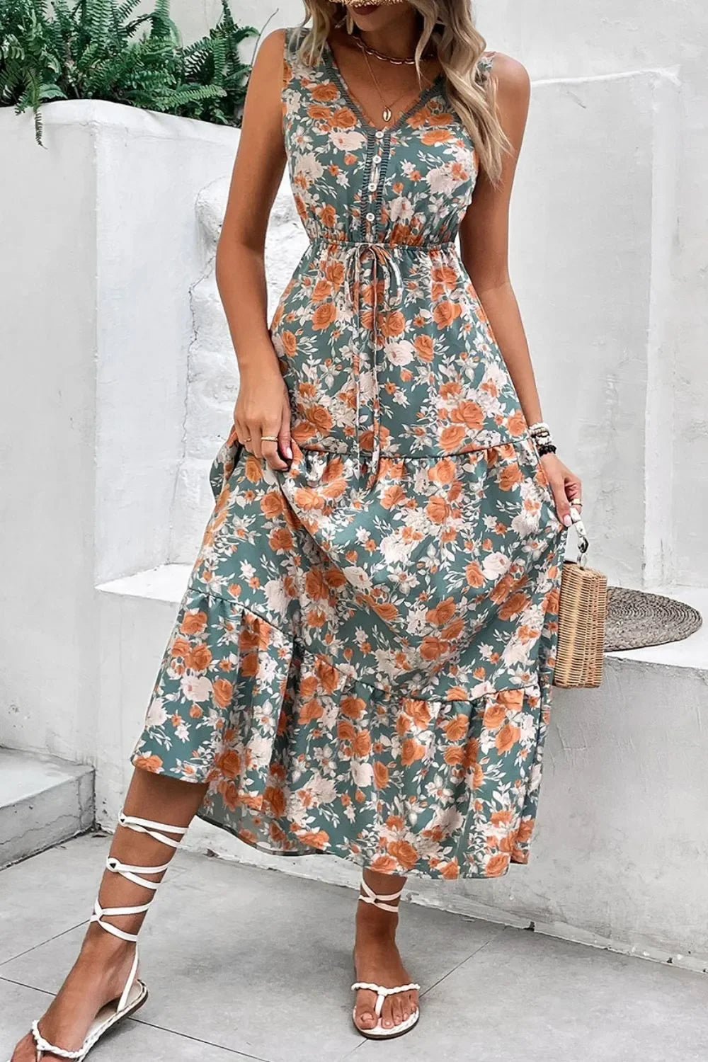 Floral Print Sleeveless V-Neck Dress With Tie Waist Tiered - Southern Shores Clothing