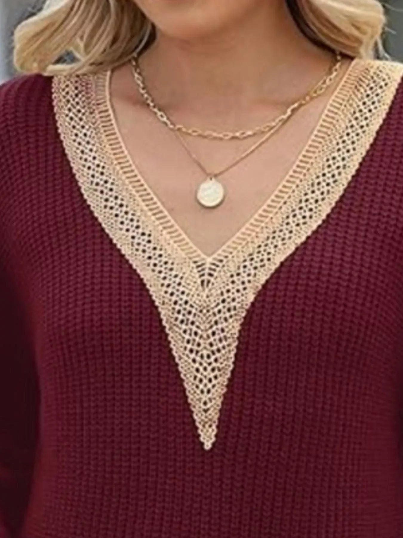 Openwork V-Neck Long Sleeve Sweater With Lace - Southern Shores Clothing