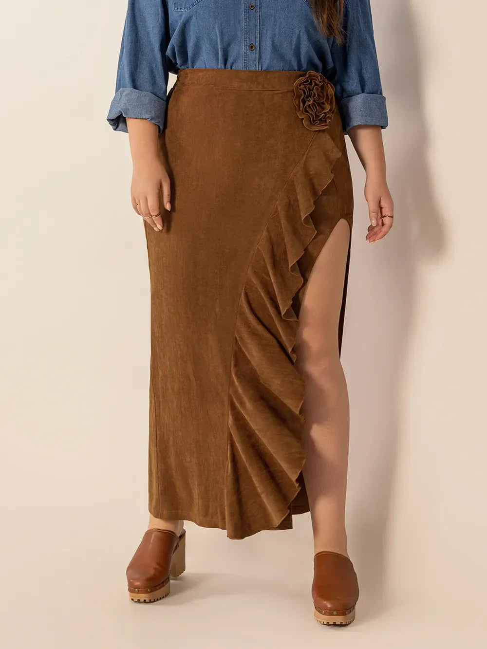 Plus Size Ruffled Slit High Rise Skirt Silhouette - Southern Shores Clothing