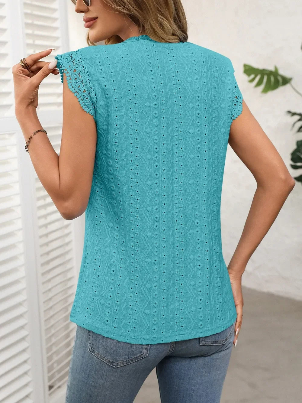 Lace Detail Eyelet Round Neck Cap Sleeve Top - Southern Shores Clothing