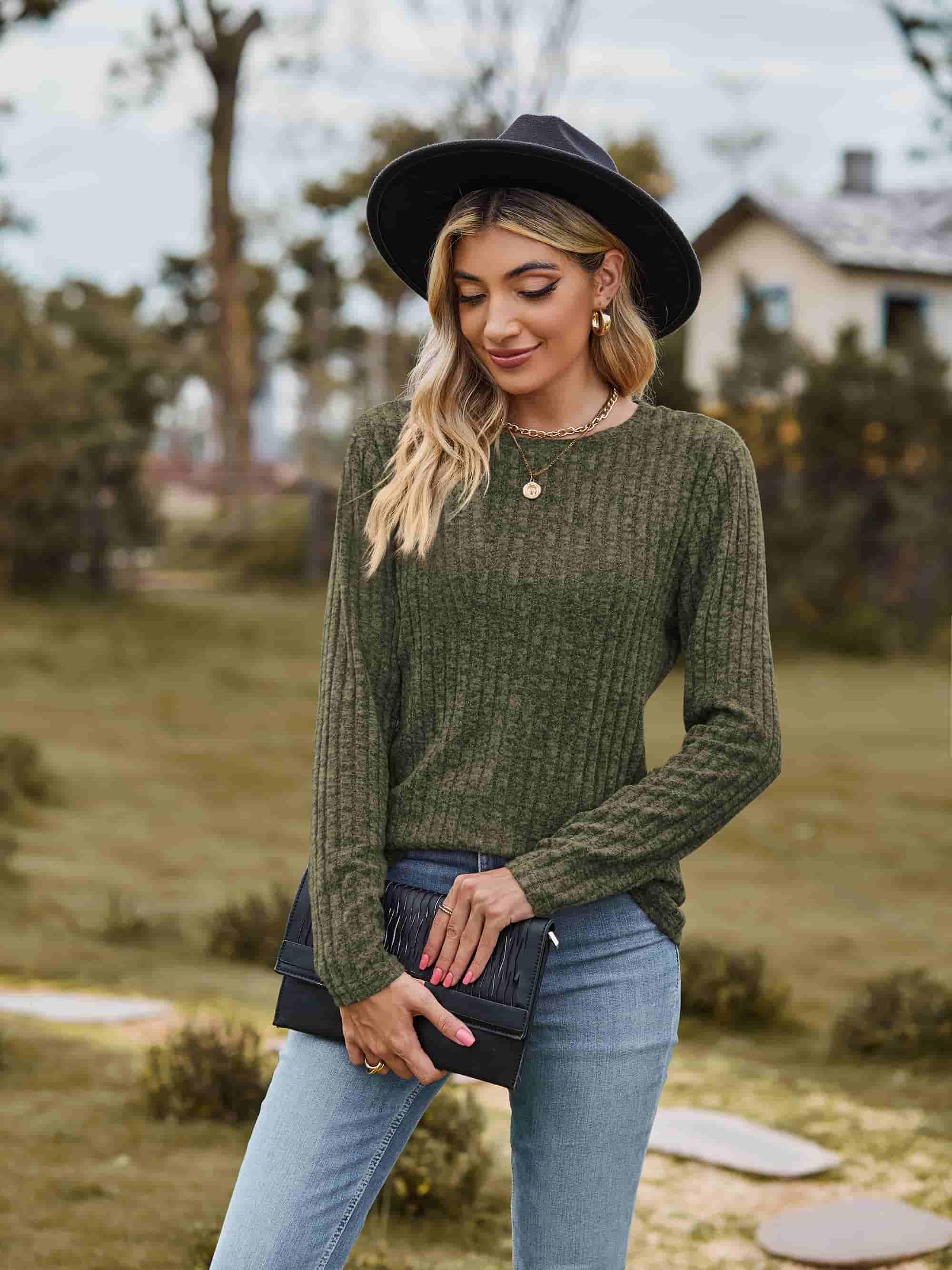 Ribbed Round Neck Long Sleeve Tee For Everyday Wear - Southern Shores Clothing