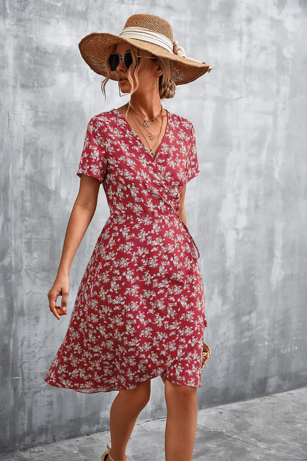 Floral Surplice Neck Flutter Sleeve Dress - Southern Shores Clothing