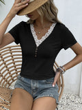 Casual Printed Lace Trim V Neck Short Sleeve Blouse - Southern Shores Clothing