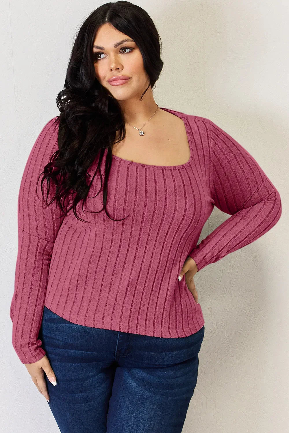 Ribbed Long Sleeve Top Stretch Knit Lightweight - Southern Shores Clothing