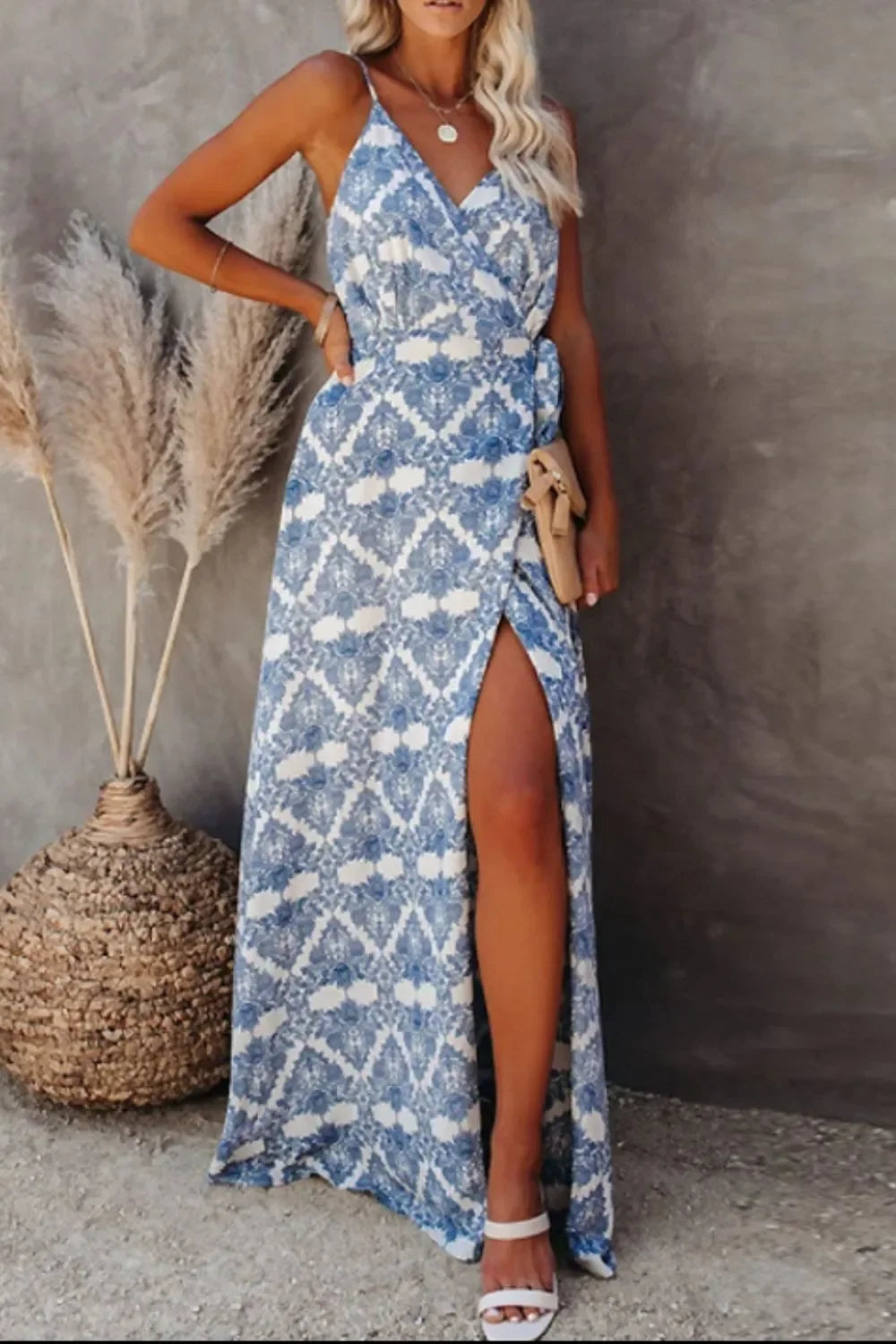 Versatile Printed Tied Maxi Camisole Dress With Side Slit Detail - Southern Shores Clothing
