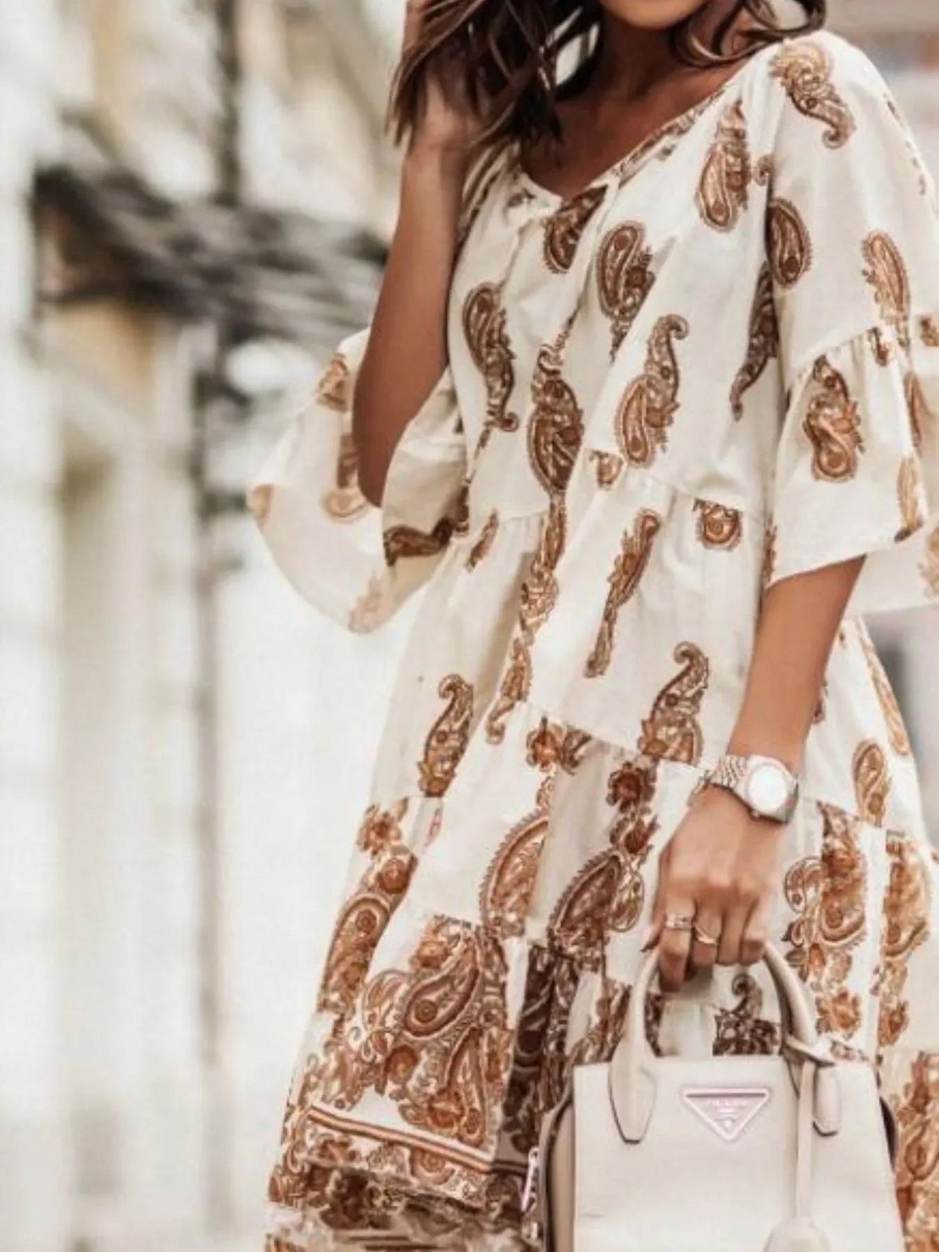 Paisley Print Tie Neck Half Sleeve Mini Dress Casual Everyday - Southern Shores Clothing