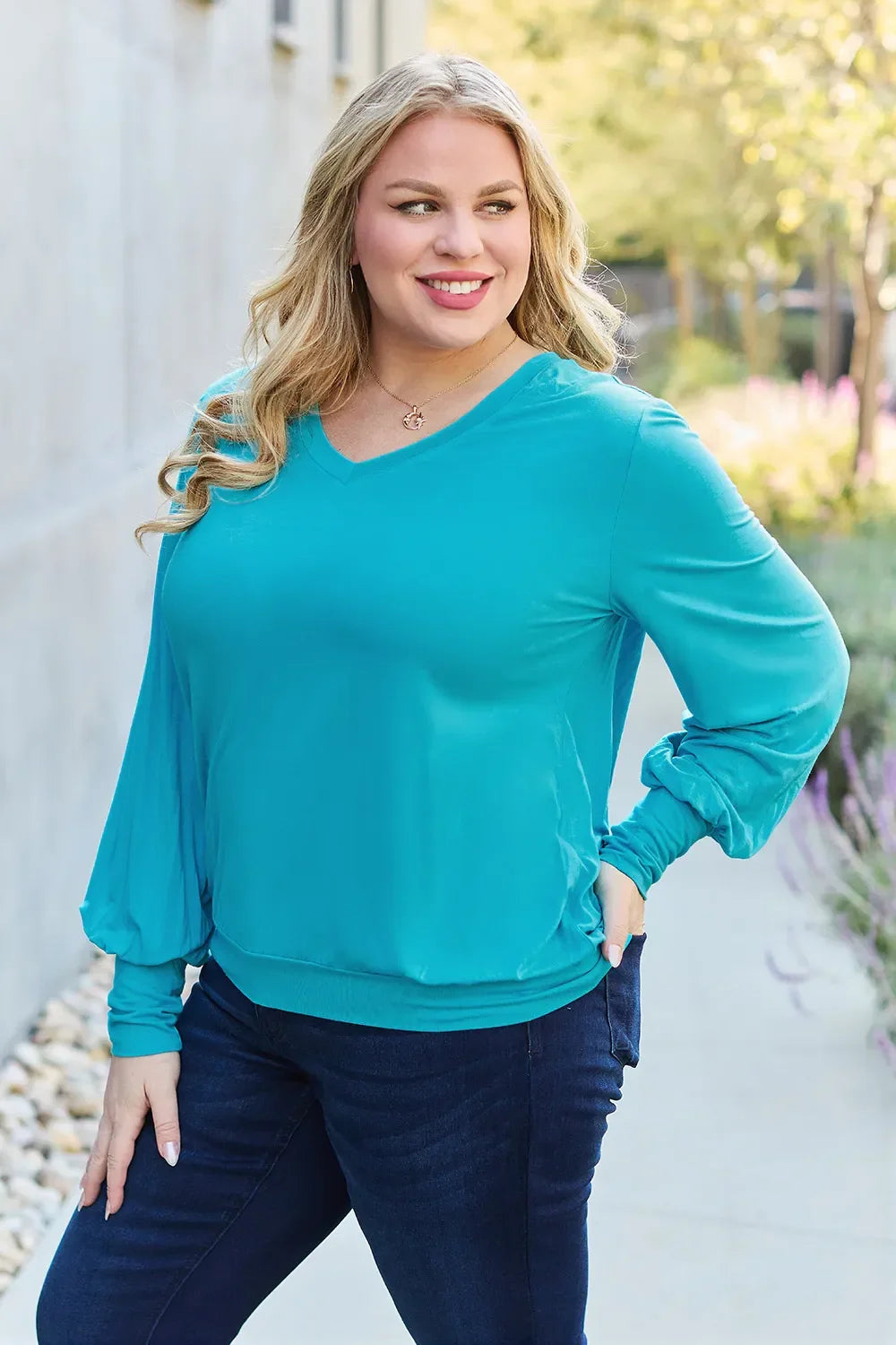 V Neck Lantern Sleeve Top Lightweight Stretch - Southern Shores Clothing