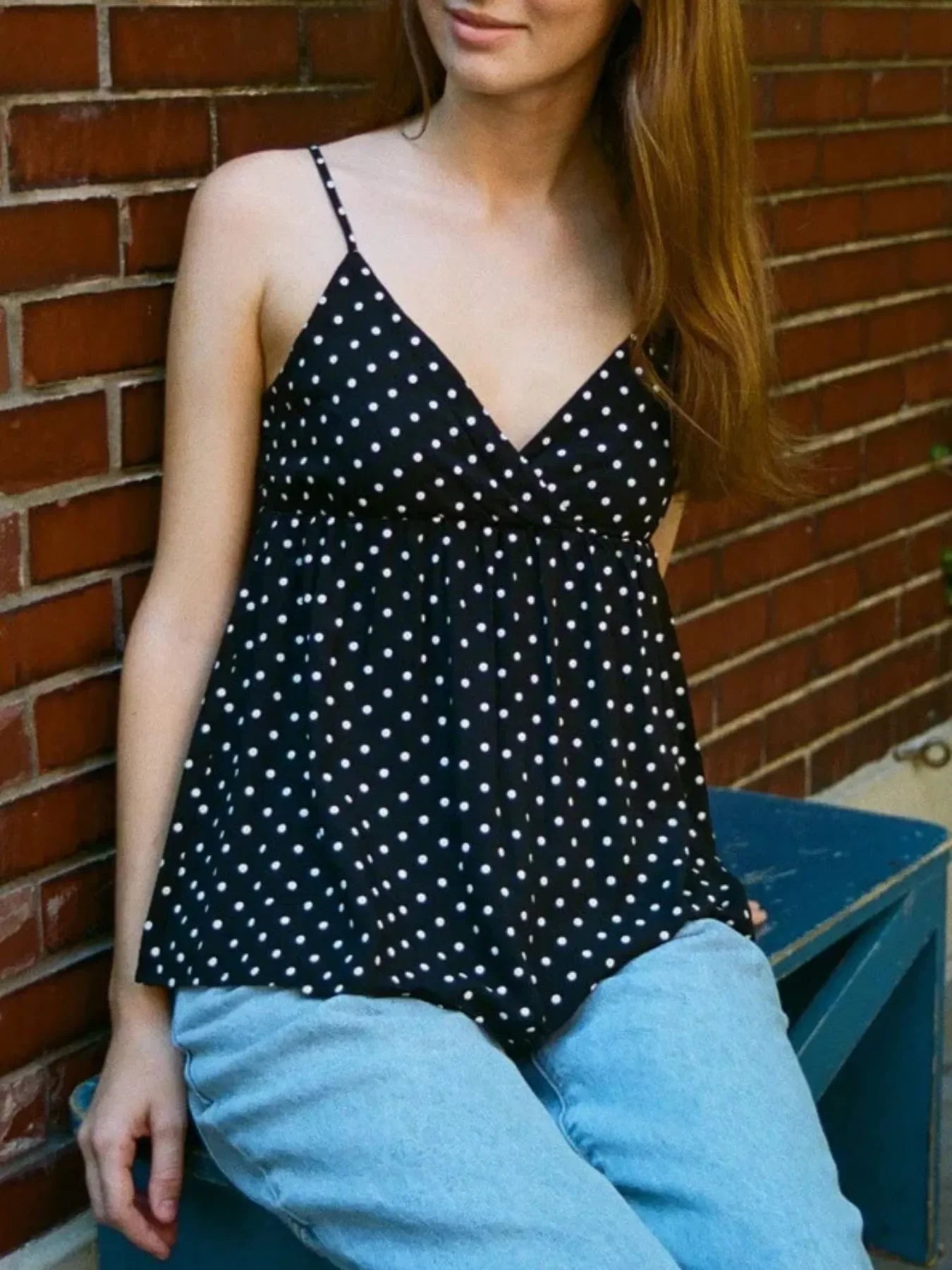 Flowy V Neck Polka Dot Camisole With Adjustable Spaghetti Straps - Southern Shores Clothing