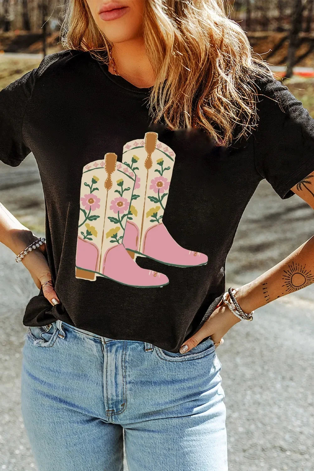 Floral Cowgirl Boots Graphic Tee With Stretchy Fabric - Southern Shores Clothing