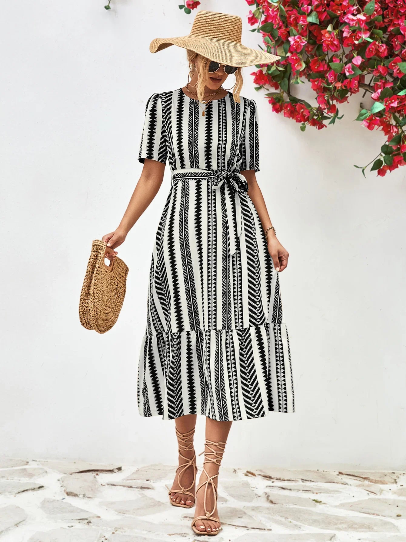 Striped Tie Belt Round Neck Puff Sleeve Dress - Southern Shores Clothing
