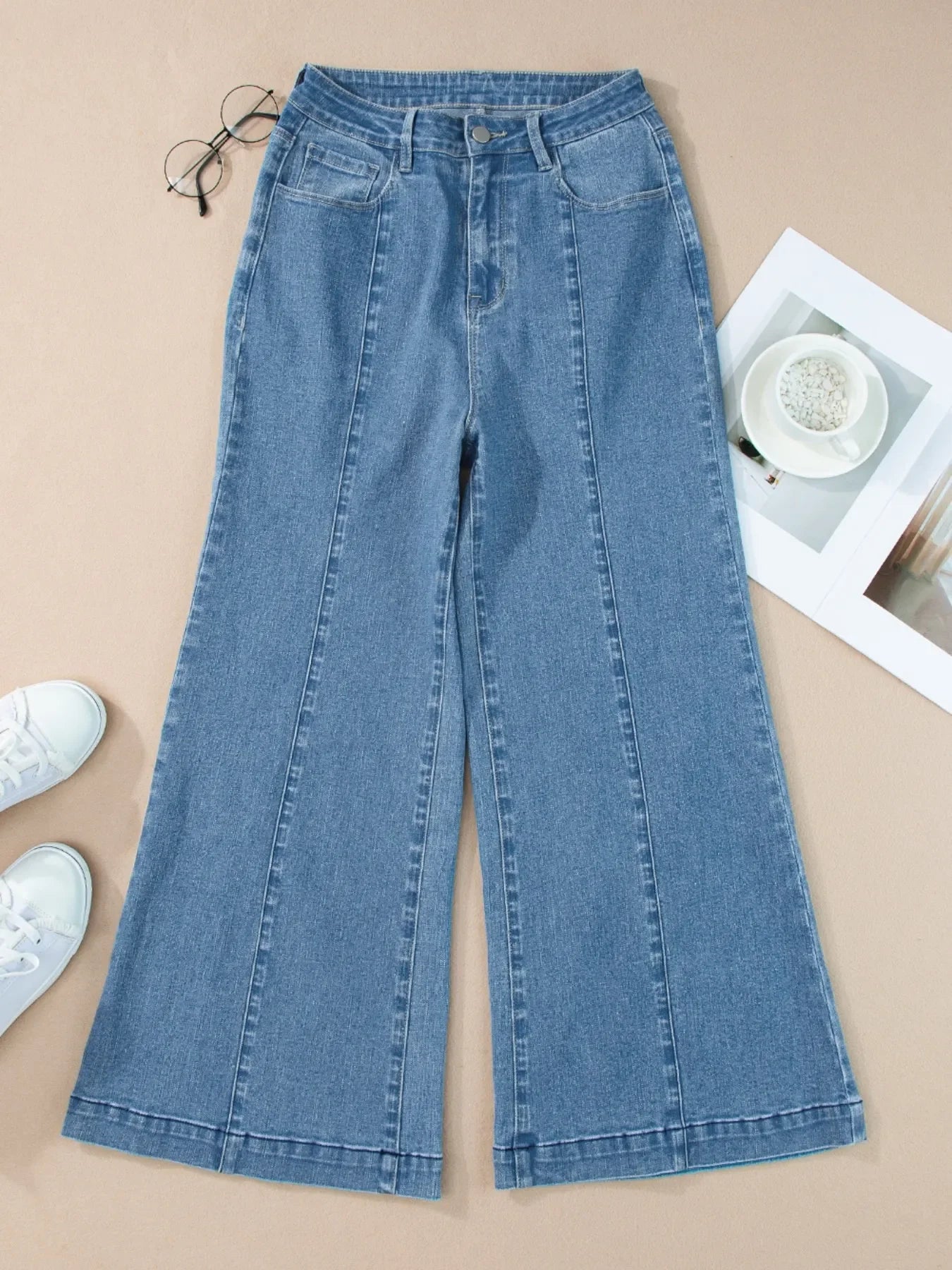 Coastal Seam Detail Flared Bottom Ankle Length Denim Jeans - Southern Shores Clothing