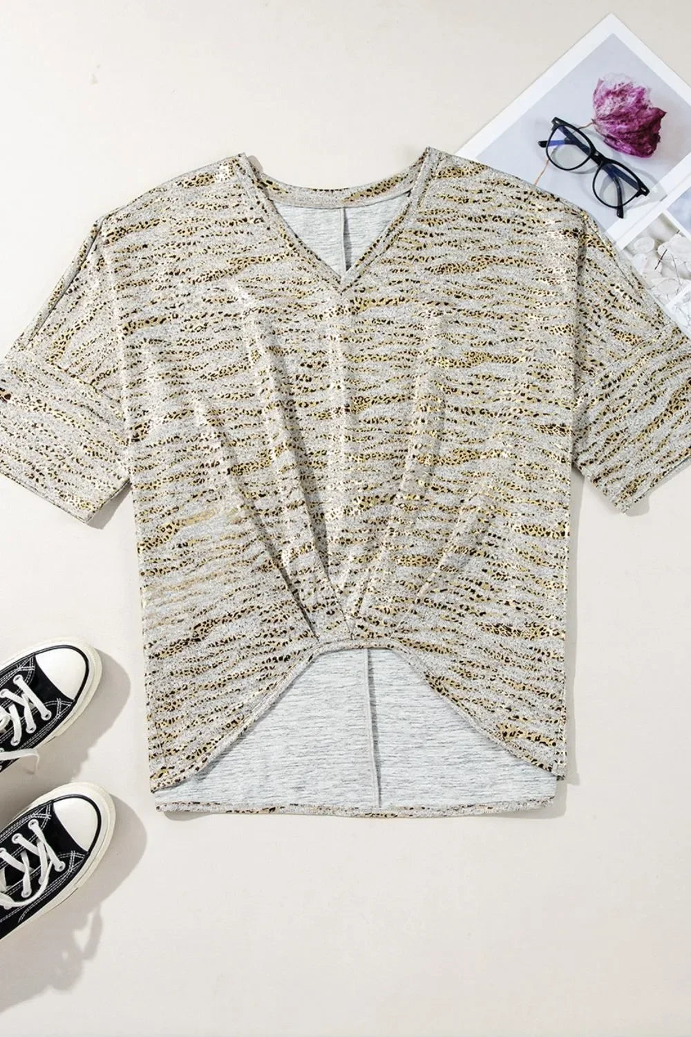 Leopard Print Half Sleeve V Neck Loose Fit T Shirt - Southern Shores Clothing