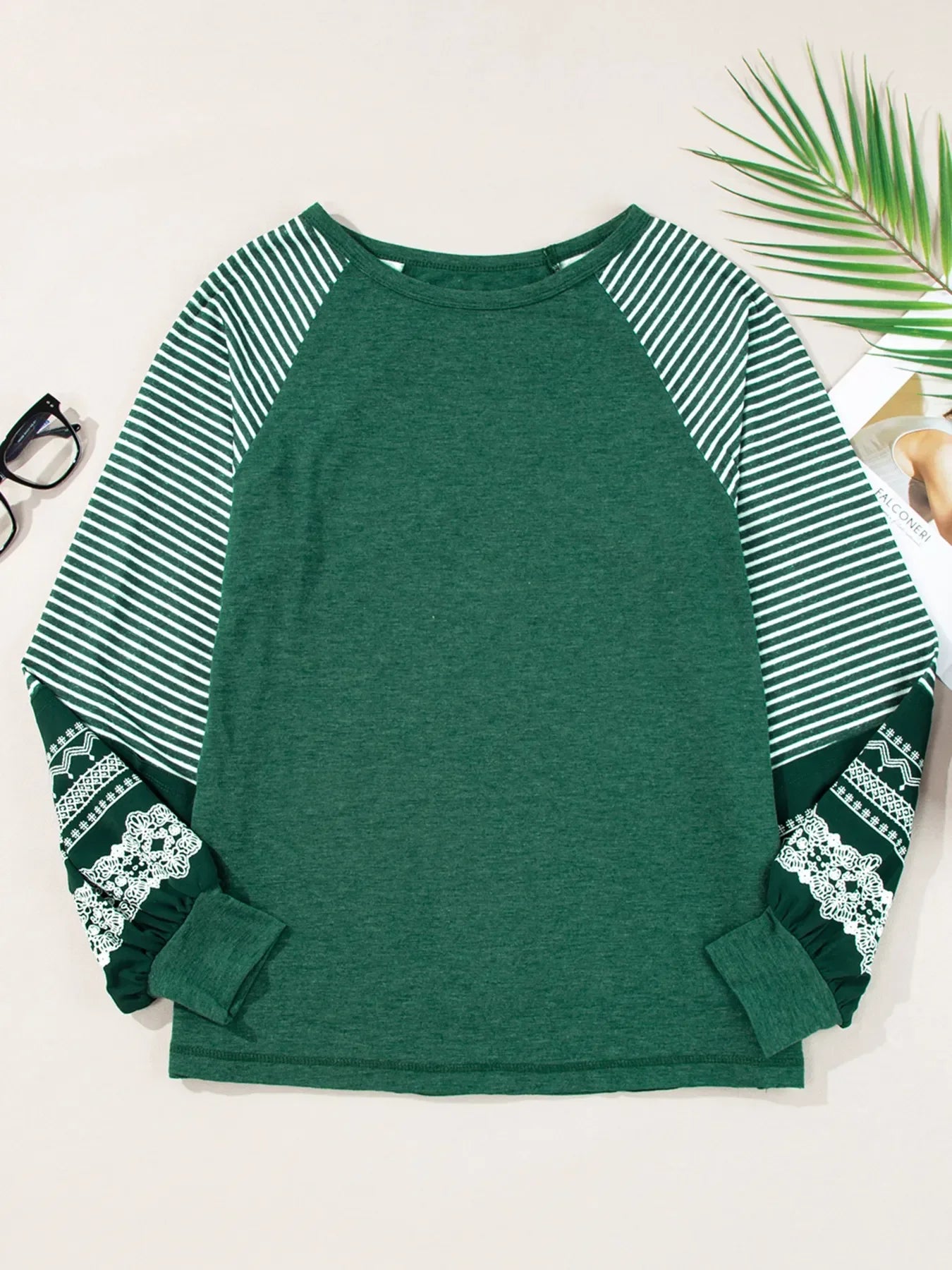 Contrast Print Striped Raglan Long Sleeve Loose Top - Southern Shores Clothing