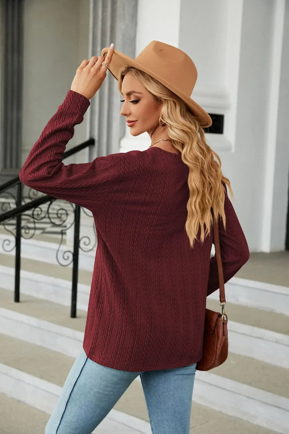 Decorative Button V-Neck Long Sleeve T-Shirt - Southern Shores Clothing