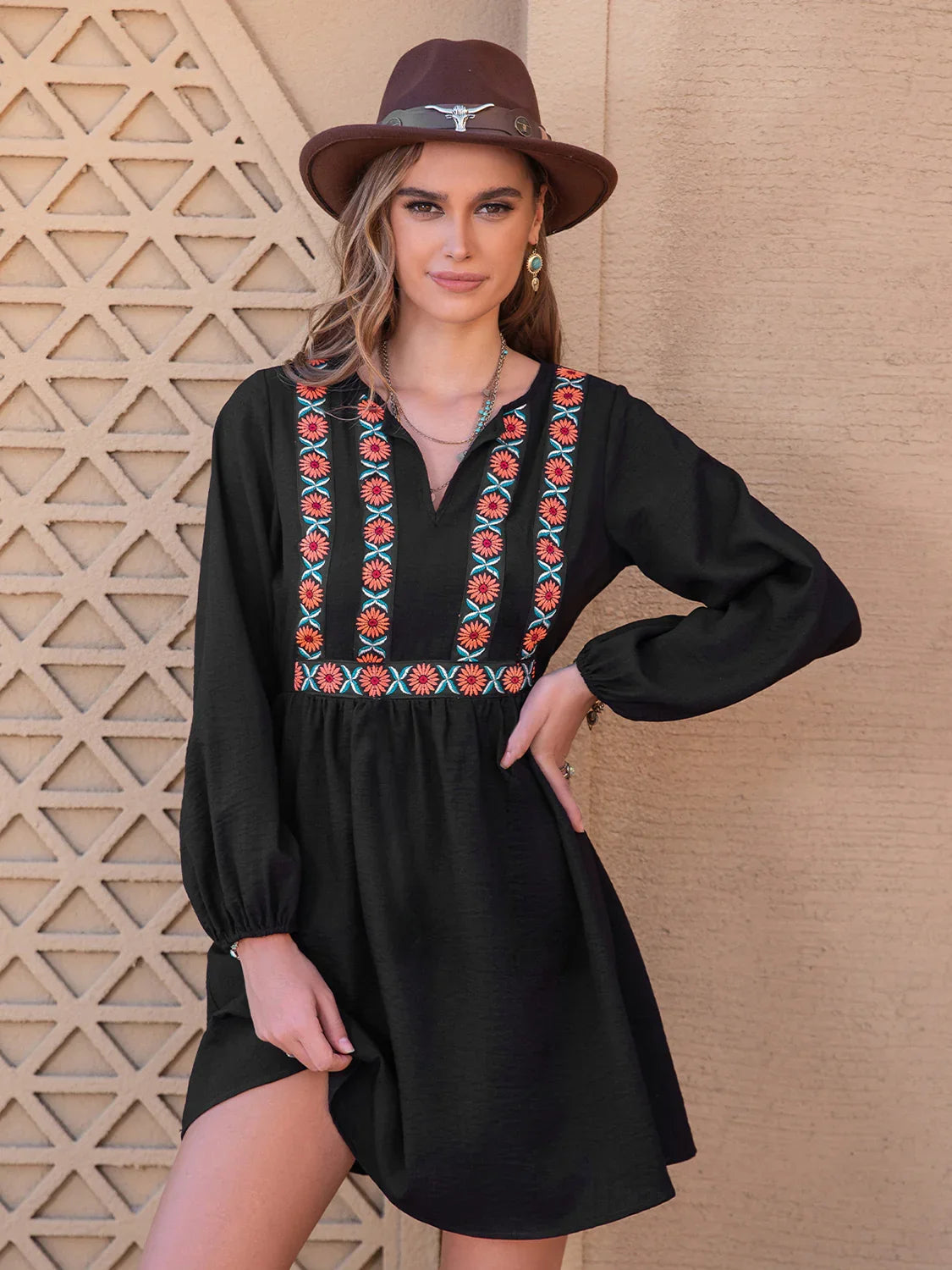 Notched Neck Long Sleeve Printed Mini Dress - Southern Shores Clothing
