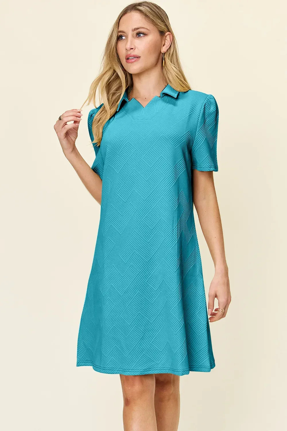 Textured Collared Neck Short Sleeve Dress - Southern Shores Clothing