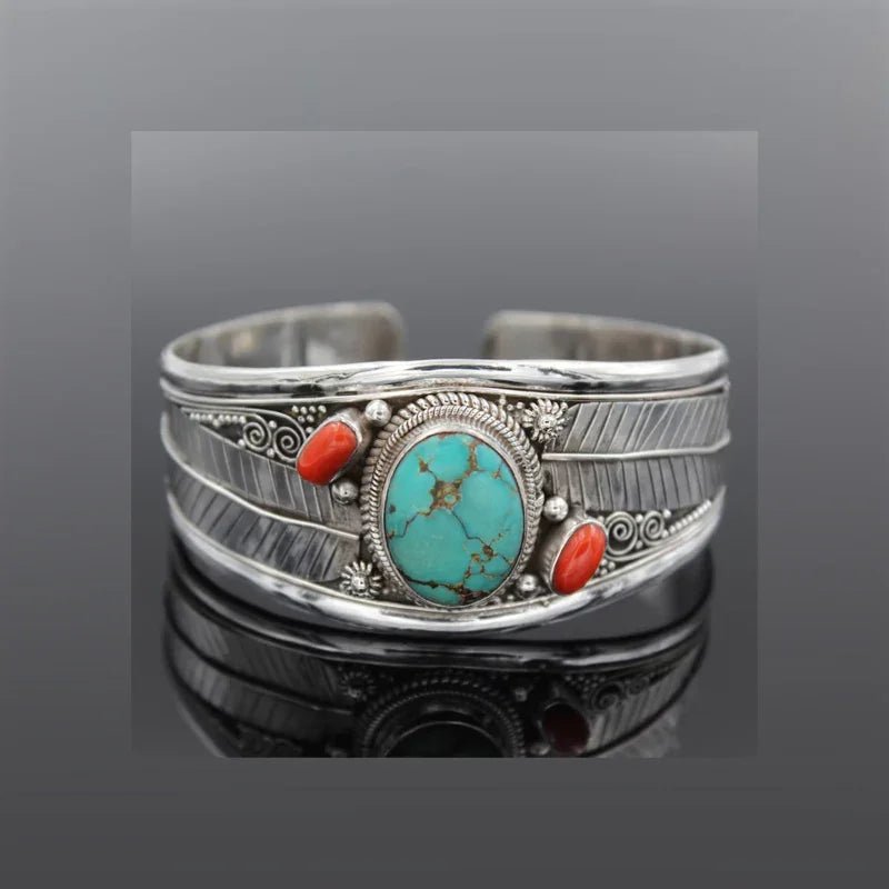 Alloy Open Bracelet Turquoise Cabochon Coral Accents - Southern Shores Clothing