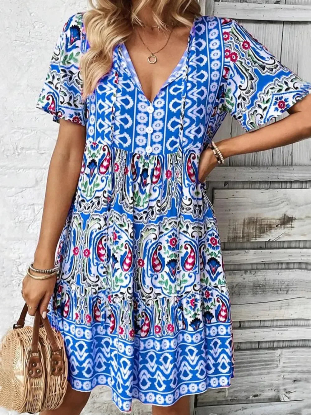 Printed Tie Neck Short Sleeve Dress With Paisley Print Pattern - Southern Shores Clothing