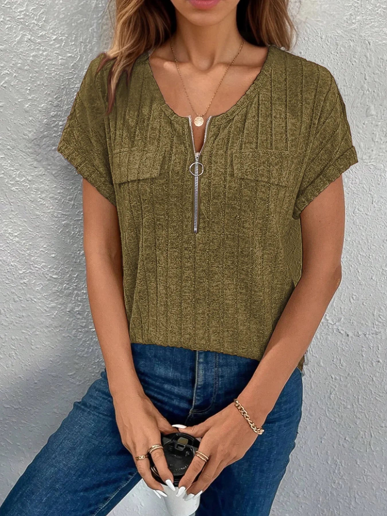 Zip-Front Ribbed Short Sleeve T-Shirt Coastal Style - Southern Shores Clothing