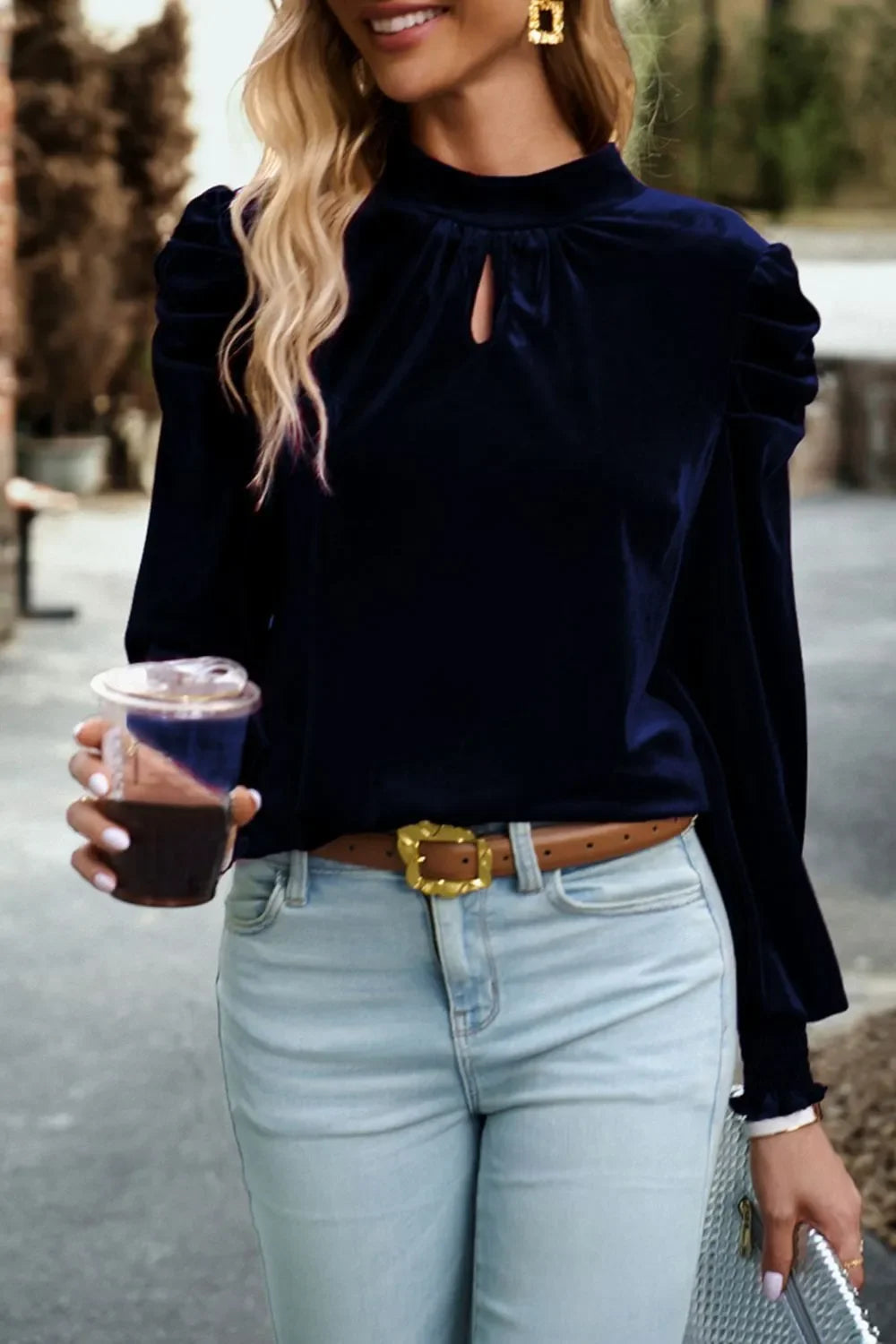 Southern Shores Clothing Long Sleeve Tie Up Mock Neck Velvet Fabric Blouse Design For Everyday Wear - Southern Shores Clothing